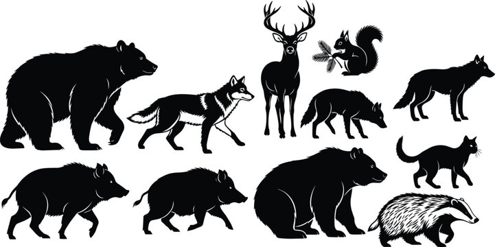 Wolf black silhouette vector set, wild forest animal walking side view collection, hunting predator icons, cad drawing flat vector illustration, flavector.