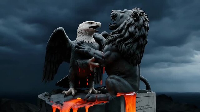 symbolic battle between an eagle and a lion in the form of statues against a stormy sky and flowing lava representing geopolitical standoff strength and the struggle for leadership