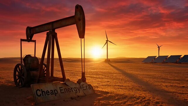 landscape in the desert at sunset with an oil derrick wind turbines and solar panels next to a sign cheap energy era symbolizing the transition to renewable resources