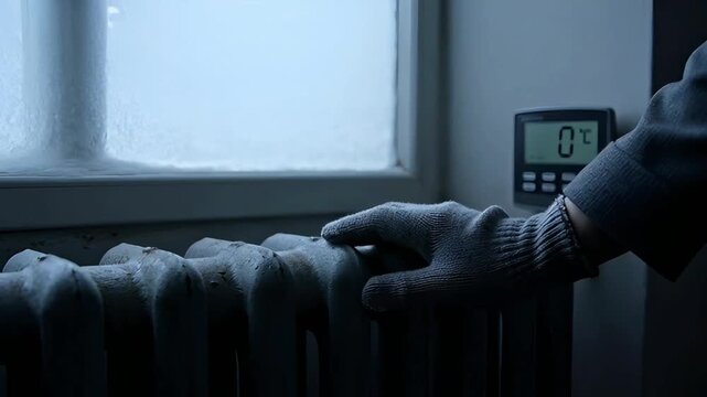 close up of a hand in a gray glove touching an old cast iron heating radiator in a cold room with a thermometer showing zero degrees theme of winter energy crisis