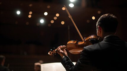 Fototapeta premium Musician playing a violin in a concert hall with spotlight on him performing classical music