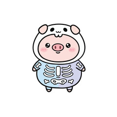 Obraz premium Cute pig in skeleton costume cartoon kawaii halloween character PNG, pig collection.eps