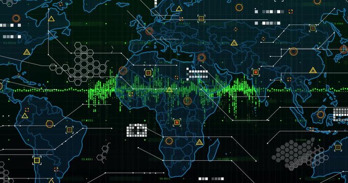 Stylized world map being animated in dark grid scene, displaying green waveform and UI elements