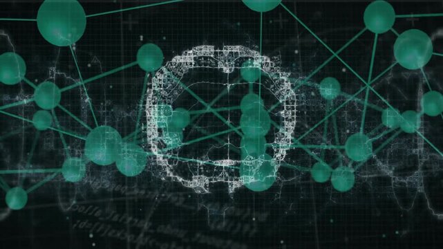 On activation wireframe brain forming by spheres floating pulsing dissolving to show data flow