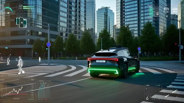 modern autonomous car driving on city street with digital interface and pedestrian data visualization