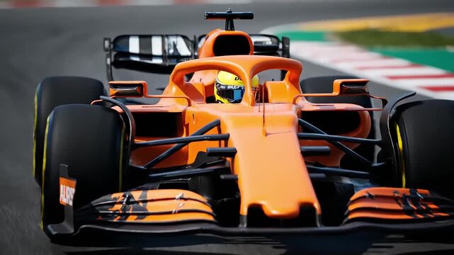 orange formula 1 racing car speeding on a track during a competition close up of a pilot in a helmet professional sport high speed and modern engineering technologies