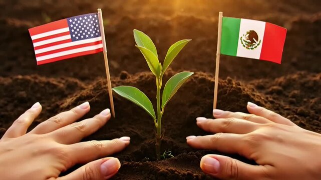 joint planting of a plant against the background of flags of usa and mexico symbol of ecological partnership and solution of migration problems with strengthening of relations