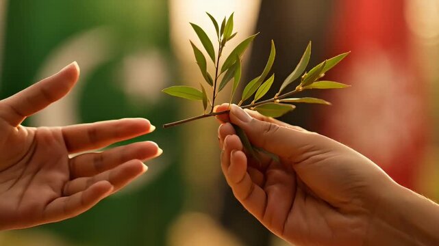 close up of hands passing an olive branch against the background of blurred flags of pakistan and afghanistan a conceptual video about peace and diplomacy