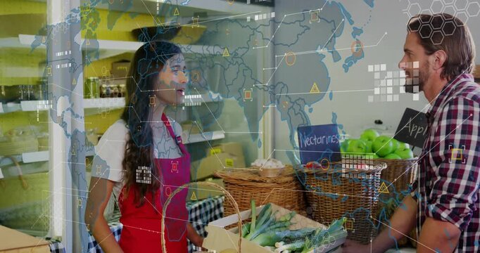 Customer pointing leeks initiating produce selection while attendant counting stalks into paper bag
