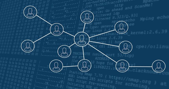 Starting network graph cycling ear, silhouette, swirl icons overlaying code representing processing