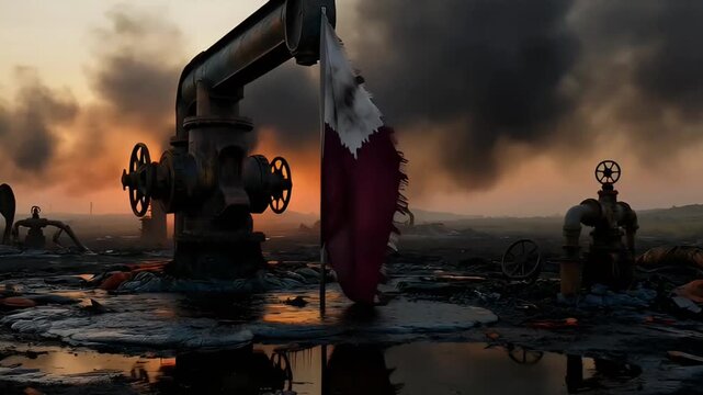 conceptual illustration of the aftermath of a military operation in qatar with destroyed oil rigs at sunset with thick smoke and reflections in oil puddles