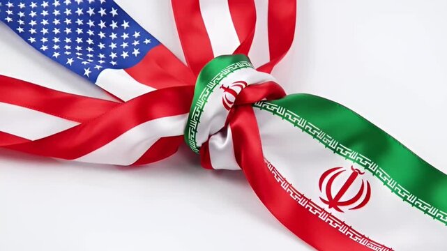 ribbons in the form of flags of the usa and iran tied in a tight knot symbolizing the complexity of international relations or a diplomatic standoff in the region