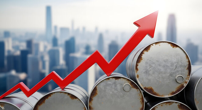 Rusty oil barrels with rising red graph created with ai generative 