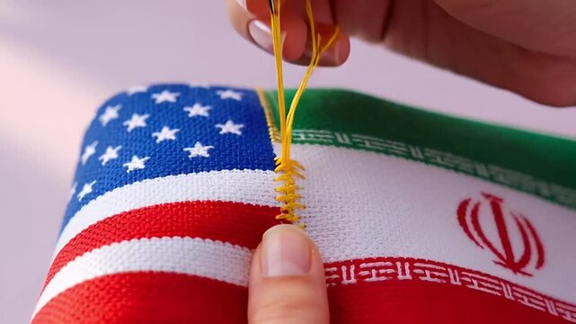 close up of female hands sewing the edges of the usa and iran flags with gold thread conceptual video about restoring diplomatic relations and international peace