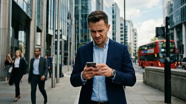 Candid shot of a concerned businessman checking his phone on a busy urban street, reflecting a somber mood in the city.