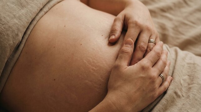 Close up of pregnant woman resting hands on bare abdomen with visible stretch marks