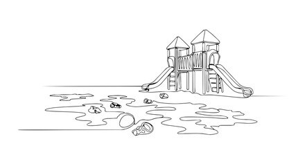 Naklejka premium Large playground structure one line drawing. Minimalist park slides vector illustration. Outdoor play area line art