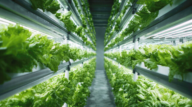 Rows of fresh green lettuce grow in a vertical hydroponic farm under bright LED lighting, captured in a symmetrical perspective highlighting sustainable agriculture and modern food production.