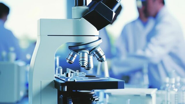 Scientists work in laboratory conducting experiments with microscope and samples