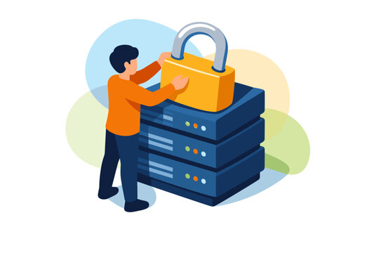 Man Securing Server Rack with Padlock for Data Protection.