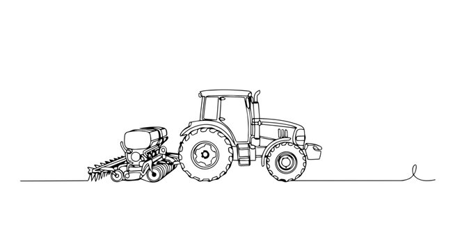 Agricultural tractor with seeding machine. One line drawing minimalist illustration. Planting crops in spring concept