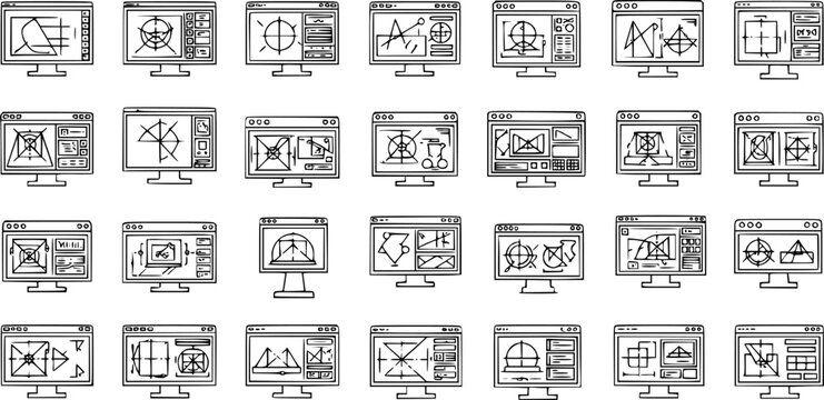 Hand-Drawn Line Art Monitor Icons Set: CAD, Engineering, and Technical Drawing Software Interfaces. Doodle Style Vector Graphics for Design and Development.