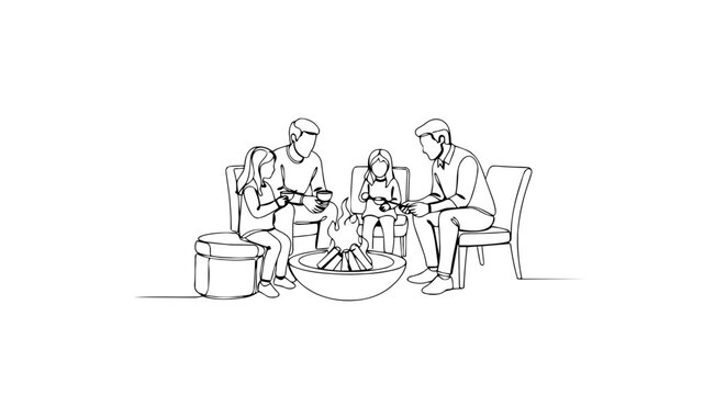 Family sitting around a fire pit outdoors. One line drawing minimalist vector illustration. Cozy evening gathering and togetherness concept