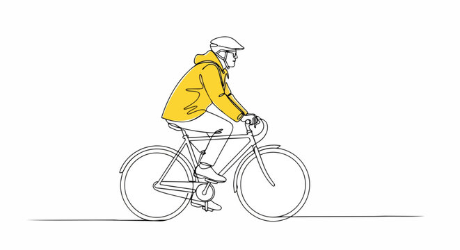 Person riding bicycle in yellow jacket. One line drawing vector illustration. Cycling and spring activity concept