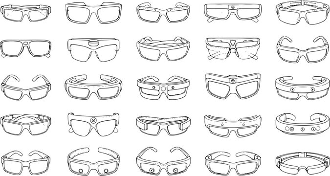 Detailed Line Art Collection of Smart Glasses, Wearable Tech, and Eyewear Icons. Diverse Set of Modern and Futuristic Augmented Reality Glasses and Goggles in Black and White.