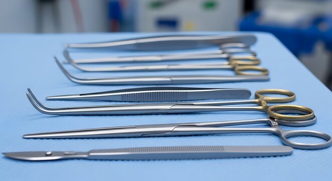 Dental surgical instruments on blue table close up view medical tools for proceduressurgical instruments in the operating room