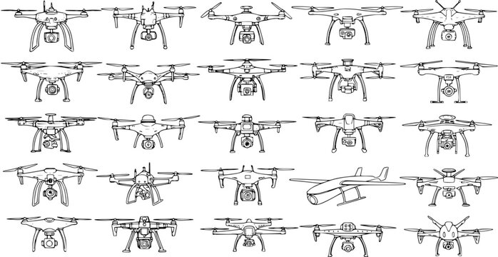 Comprehensive collection of hand-drawn drone illustrations, showcasing various types of unmanned aerial vehicles (UAVs) in black and white line art.