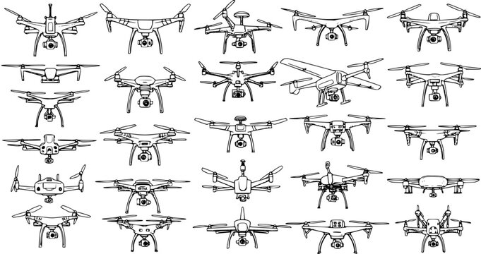 Detailed Hand-Drawn Set of Drones: Diverse Quadcopters and UAVs with Cameras in Outline Style