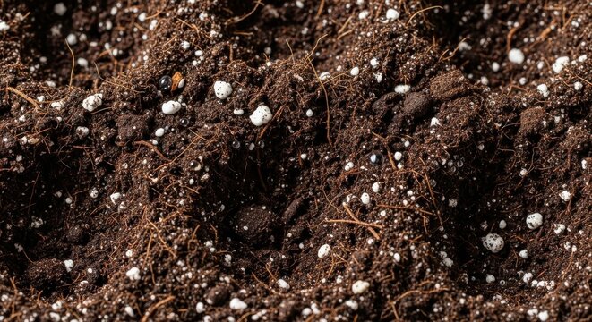 Close up of rich, earthy brown potting soil with visible aeration and fibrous textures, ideal for gardening and plant growth.