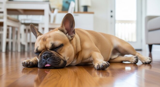 Adorable French Bulldog Puppy Sleeping Peacefully on a Wooden Floor with its Tongue Slightly Out