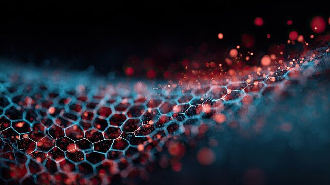 An abstract visualization of a secure digital firewall, represented as a semi-transparent wall of glowing blue hexagons deflecting red particles, cybersecurity concept, dynamic 3D art --ar 16:9 --