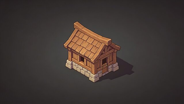 A two-dimensional fantasy cartoon drawing depicting a military camp with defensive towers, or a small wooden barn, or a hut.