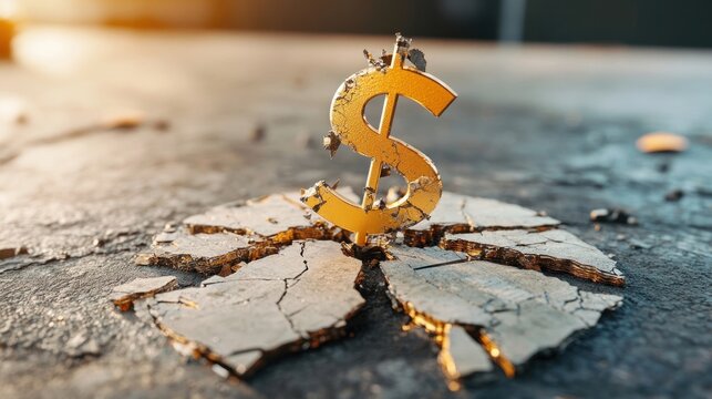 wealth under pressure golden dollar sign embedded in cracked asphalt harsh sunlight dramatic contrast economic crisis wealth pressure value depletion idea