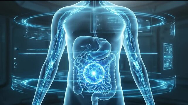 Human digestive system highlighted in futuristic medical visualization showing organs and internal processes.