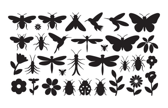 Black silhouette set with various insects and flowers isolated on white background for design element