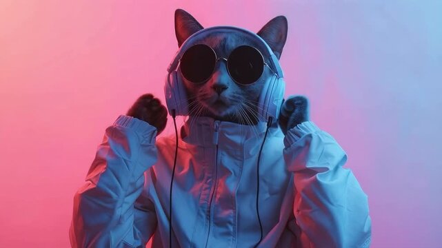 A cat wearing a stylish jacket, headphones and sunglasses dances under neon lights, creating a cheerful and contemporary atmospheric backdrop for music playlists and youth-oriented brands.
