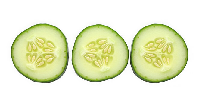 Three slices of fresh cucumber on transparent background