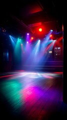 Colorful spotlights illuminating an empty venue stage and wooden dance floor