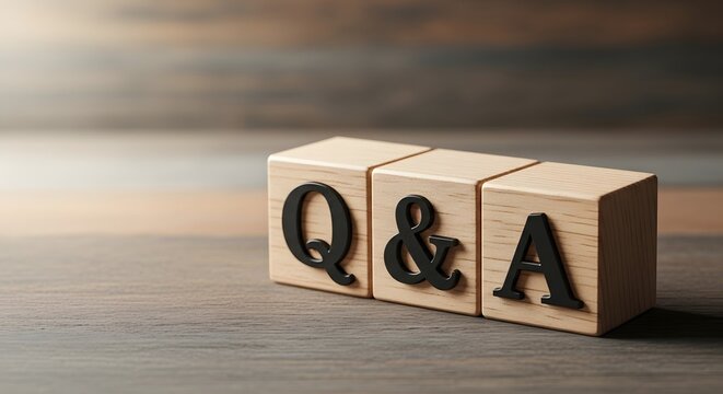 Wooden block q a session with three lettered blocks on a desk