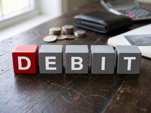 Red and gray blocks spell "DEBIT" on a wooden table. Coins, wallet, and calculator suggest financial matters. No people, so emotions are irrelevant