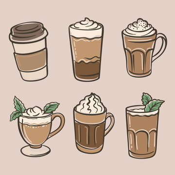 vector-style collection of six hand-drawn coffee beverages and hot chocolate drinks. The set includes various types of coffee: a classic to-go paper cup, a tall layered latte macchiato, mugs with thic