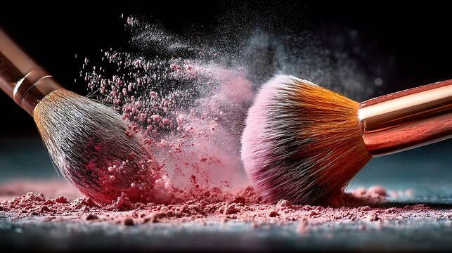 Two rose gold makeup brushes aggressively swirl pink cosmetic powder causing a dramatic colorful cloud burst in a studio setting