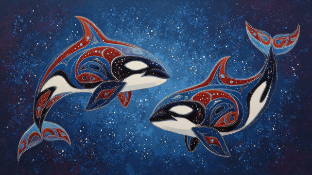 Orca Killer Whale Pair Native Pacific Northwest Tribal Art Red Blue Illustration Ocean Spiritual