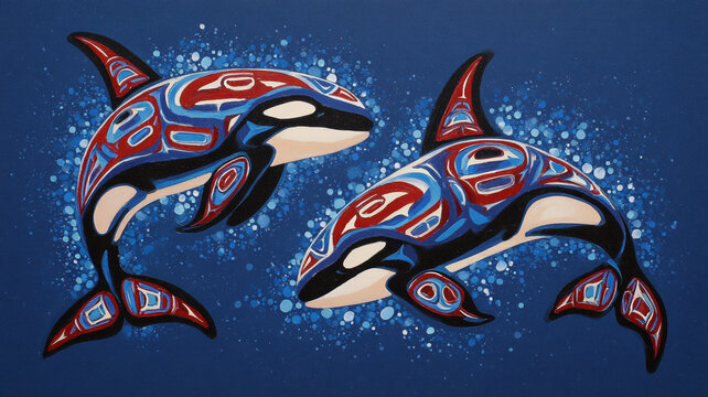 Orca Killer Whale Pair Native Pacific Northwest Tribal Art Red Blue Illustration Ocean Spiritual