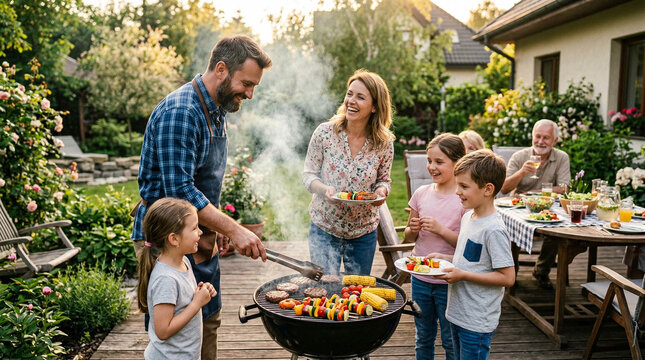 Happy multi-generational family grilling food together for outdoor barbecue party