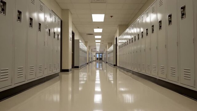 Video of school corridor walkthrough with lockers alignment and bright hallway light, educational facility interior, academic environment background for back to school themes.